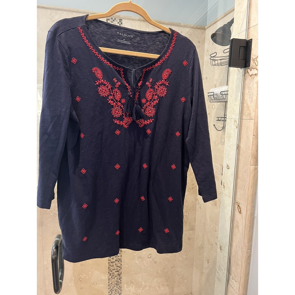 Talbots Navy Red Embroidered Peasant 3/4 Sleeve Top Cotton Slub Blouse M Medium
